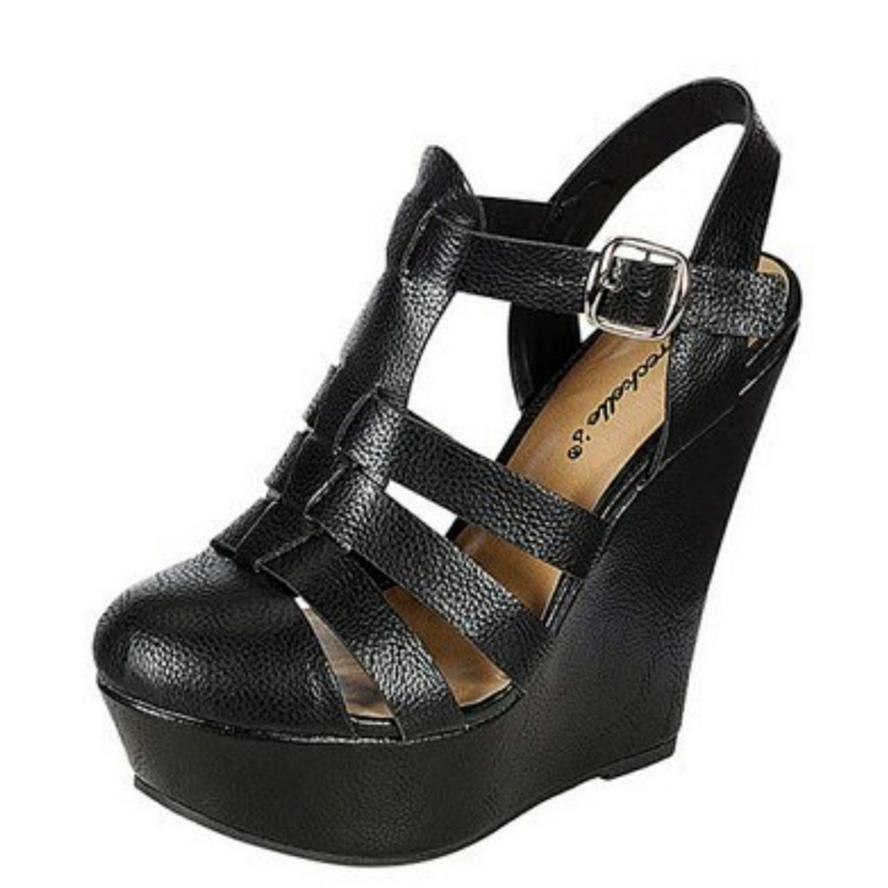 Breckelles Black Strappy Platform Wedge Sandals